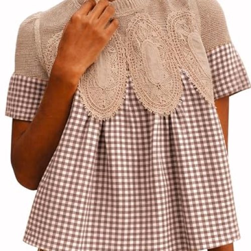 Women’s Plaid Lace Short Sleeve Blouse