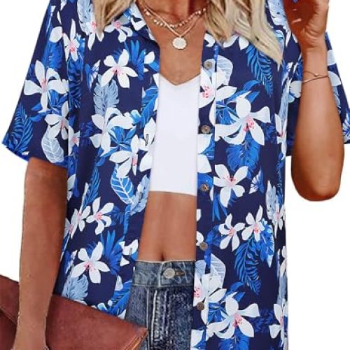 Hawaiian Shirts for Women Floral Tropical Beach Tops