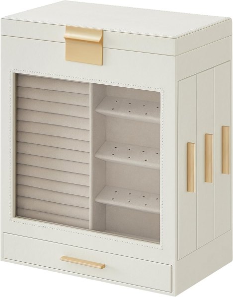 SONGMICS HOME 5-Layer Modern Jewelry Organizer with 3 Side Drawers and Large Mirror - Cloud White and Metallic Gold | JBC162W01