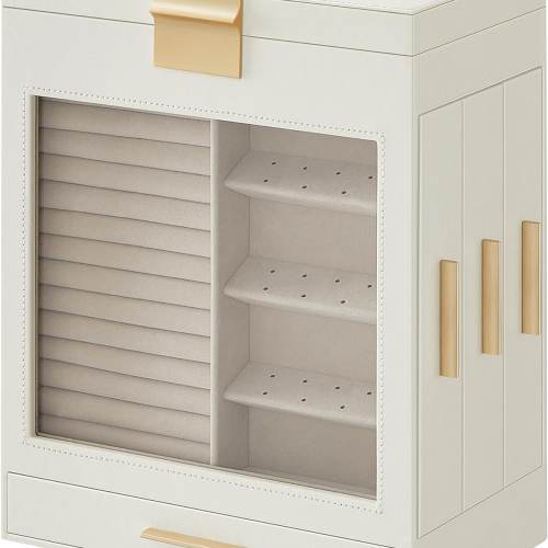 SONGMICS HOME 5-Layer Modern Jewelry Organizer with 3 Side Drawers and Large Mirror – Cloud White and Metallic Gold | JBC162W01