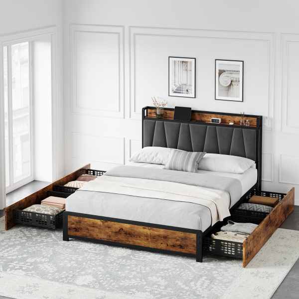 Queen Size Bed Frame with 4 Storage Drawers Upholstered Platform Bed Frame No Box