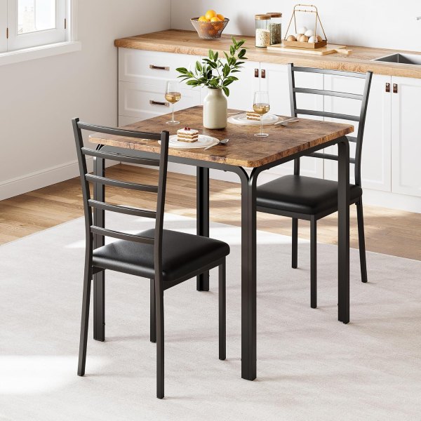 Garvee 3 Piece Dining Table Set for 2 Metal Frame Wood Kitchen Table and 2 Chairs Small Dining Furniture Set for Small Space Apartment Dining Room