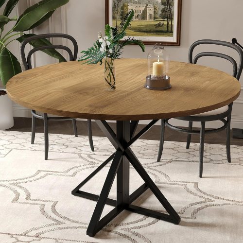 Qeetex 47 in Round Dining Table for 4 Wooden Circle Dinner Table Heavy Duty Metal Pedestal and 4 Parts of Tabletop Round Pedestal Kitchen Tables for