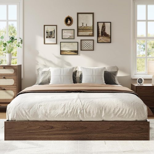 Qeetex Platform Bed Frame Queen Size Wooden Slat Support No Box Spring Needed Easy Assembly (Walnut California King) | LHF-BED-5915002