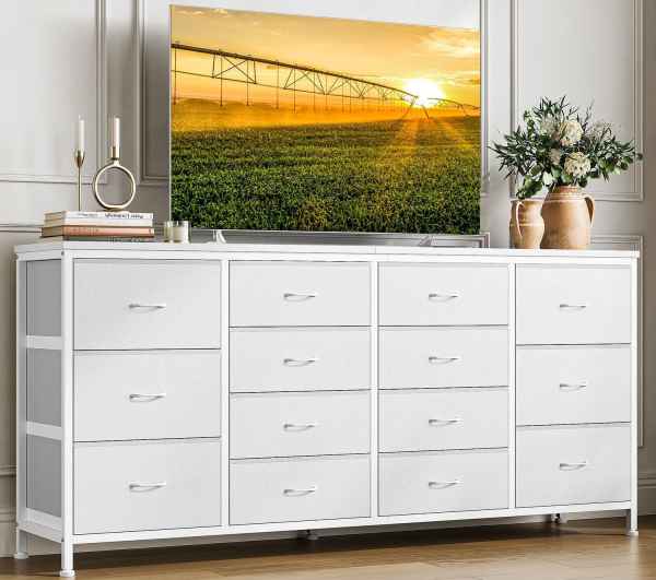 Garvee 63 in W White Long Fabric Dresser TV Stand with 14 Drawers Power Outlets for 65 70 75 Inch TVs Entertainment Center for Bedroom Living Room