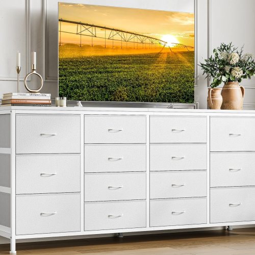GAOMON 63in Black Fabric Dresser TV Stand with 14 Drawers Power Outlets Fits 65in 70in 75in TVs Modern Entertainment Center for Bedroom and Living