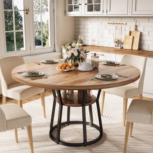 Qeetex Round Dining Table for 4-6 47.2 Inch Farmhouse Kitchen Table with Storage Circle Dinner Tables for Kitchen Dining Room Living Room Meeting