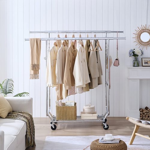 SunJet Double Heavy Duty Rolling Clothes Rack with Shelves 800lbs Capacity Adjustable Height Extendable Rods Portable Collapsible Garment Rack