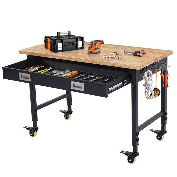 GAOMON Garage Workbench 48 x 24 x 1.2 Inch- Rubber Wood Steel Frame with Drawer- 9FT ETL Power Strip 125V 12A