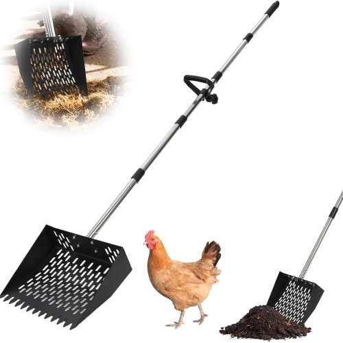 Garvee 9.8ftft Chicken Poop Scooper and Rake 2-in-1 Metal Chicken Coop Scoop with 24ftft to 68.9ftft Adjustable Stainless Steel Handle