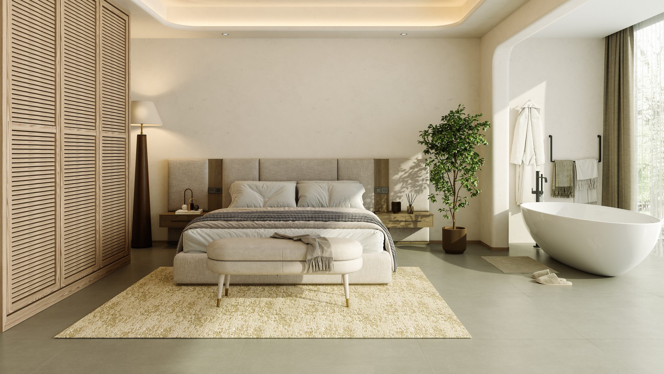 Modern Bedroom With Double Bed, Wooden Cabinet, Potted Plant And Bathtub