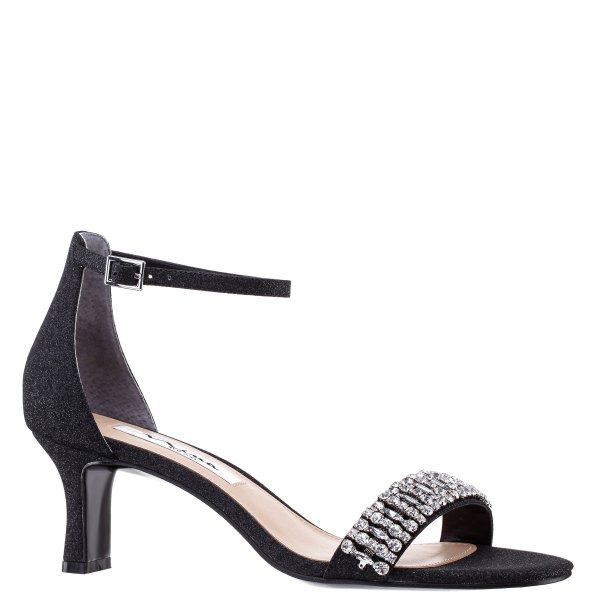 Womens Britany Black Glitter W/ Crystals Mid-Heel Sandal | Nina Shoes
