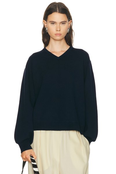 EAVES Zooey Double Faced V-neck Sweater in Navy