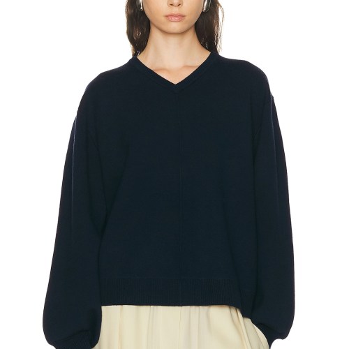 EAVES Zooey Double Faced V-neck Sweater in Navy