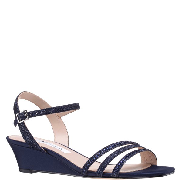 Womens Vynetta Navy Satin With Crystals Wedge Sandal | Nina Shoes