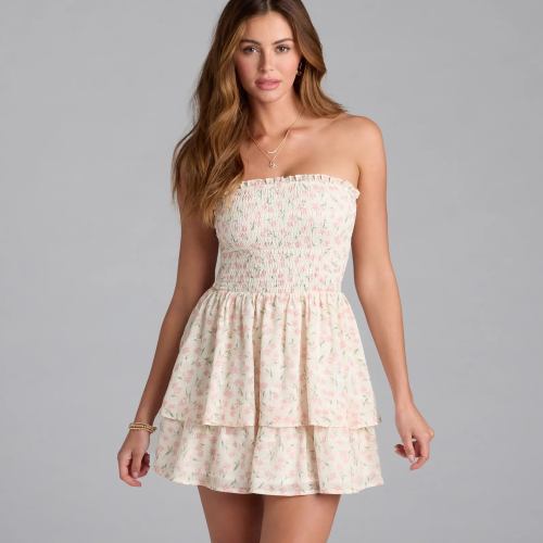 Floral Charm Ruffled Chiffon Tube Skater Dress
