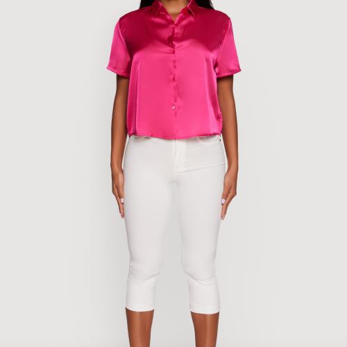 Womens Satin Boxy Button Front Shirt, Pink, Size S