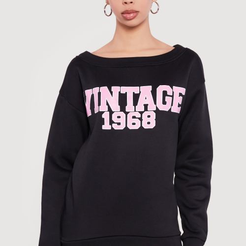 Womens Vintage 1968 Graphic Long Sleeve Boat Neck Sweatshirt