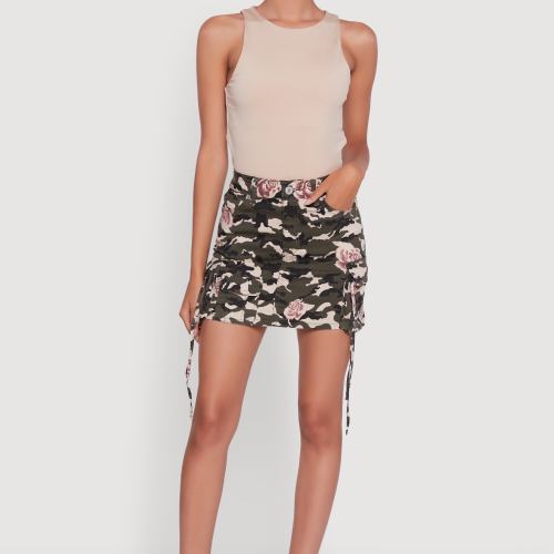 Womens Floral Camouflage Cargo Pocket Mini Skirt, Multi