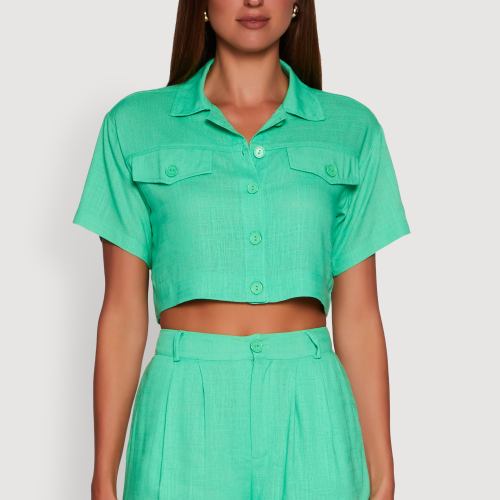 Womens Trendy Linen Flap Detail Button Front Cropped Shirt, Size S
