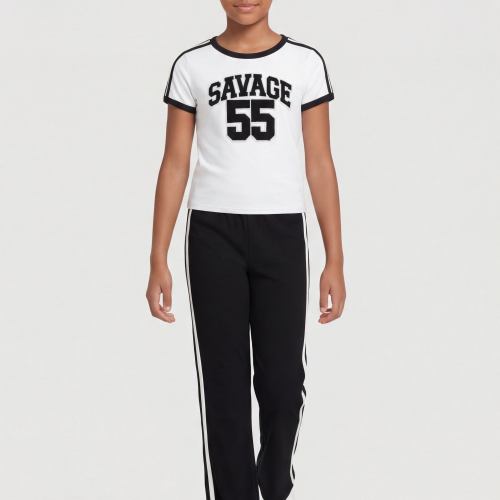 Girls Chenille Savage 55 Patch Graphic Tee and Flare Pants, Multi