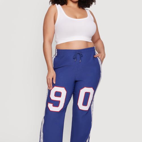 Womens Plus Size 90 Graphic Lace Varsity Stripe Side Pants, Blue