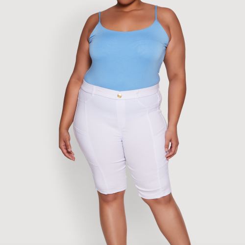 Womens Plus Size Stylish Snatched High Waist Bermuda Shorts with Faux Buttons, White, Size 3X