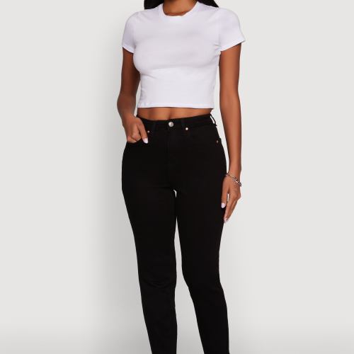 Womens WAX Stretch Rolled Cuff Mid Rise Mom Jeans, Black