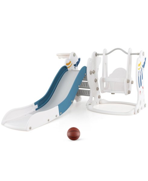 Gouun 4-in-1 Kids Slide and Swing Set with Basketball Hoop - Blue