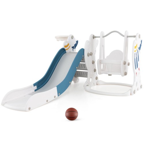 Gouun 4-in-1 Kids Slide and Swing Set with Basketball Hoop – Blue