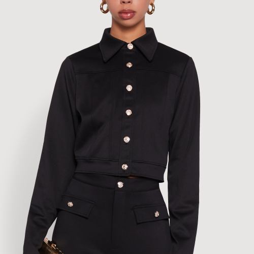 Womens Scuba Metallic Button Front Cropped Shacket, Size S