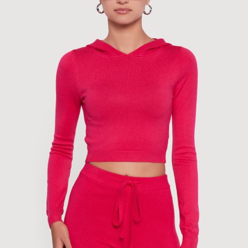 Womens Long Sleeve Cropped Pullover Hooded Sweater, Pink, Size L