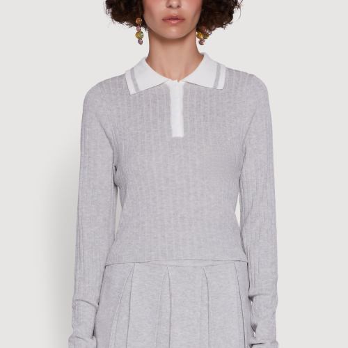 Womens Daisy Ribbed Knit Varsity Stripe Polo Top
