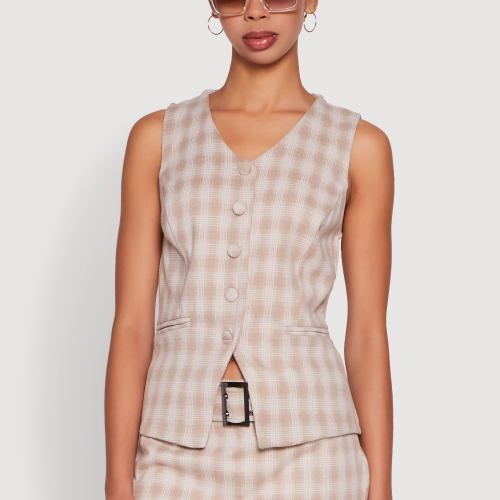 Womens Fleece Plaid Button Front V-Neck Vest, Size S