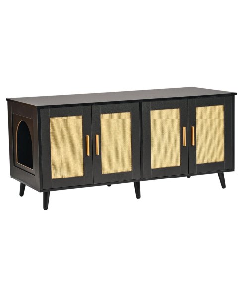 Inolait Wooden Cat Litter Box Enclosure for 2 Cats with Rattan Doors - Black
