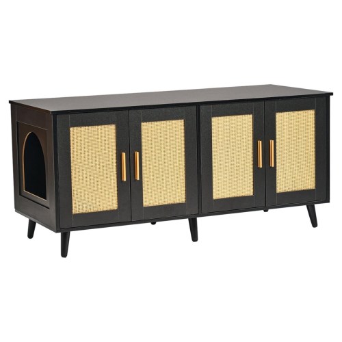 Inolait Wooden Cat Litter Box Enclosure for 2 Cats with Rattan Doors – Black