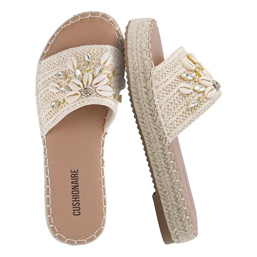 CUSHIONAIRE Playa Espadrille Platform Sandals for Women, Decorative Shell Embellishment and Boho Woven Detail Womens Slides, NATURAL 6