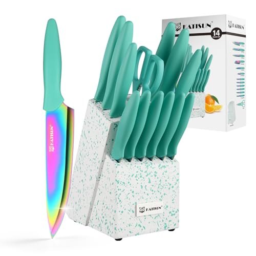 Kitchen Knife Set with Block, 14 Piece Rainbow Titanium Coated Stainless Steel