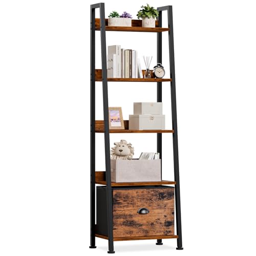 5-Tier Ladder Shelf, Ladder Bookshelf with Removable Drawer,