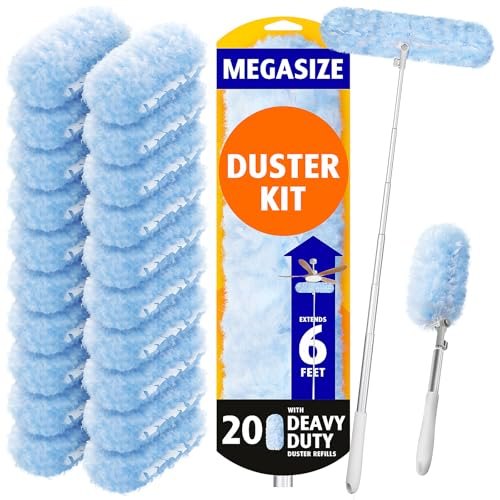 6 ft Extendable Duster Handle with 20 Refills, Compatible with Swiffer, Disposable Microfiber Dusting Pads for Home Cleaning, Ceiling, Fan, Window, Hard-to-Reach Areas