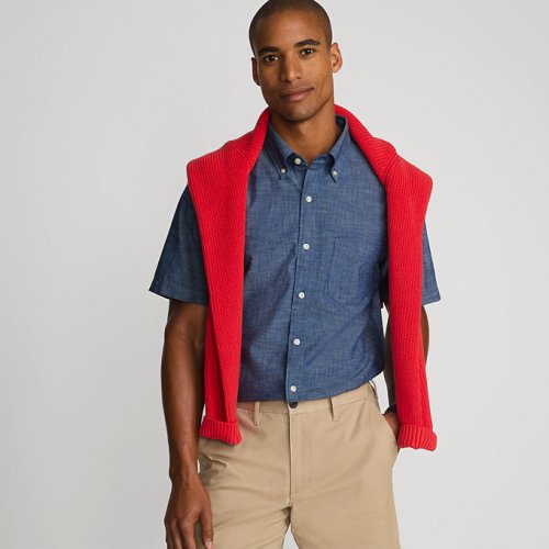 Mens Short Sleeve Button Down Chambray Shirt Lands End Blue