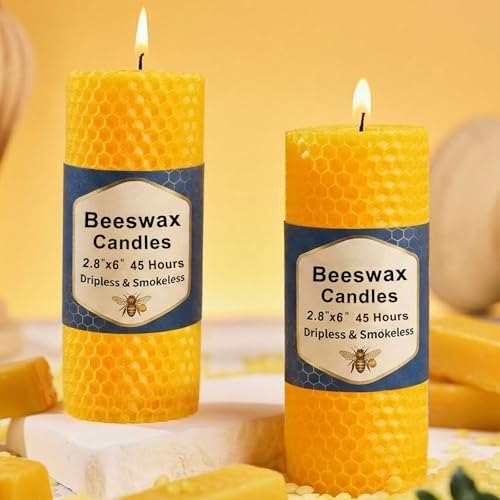 2 Pack Beeswax Pillar Candles, 90 Hours 2.8×6 Inch