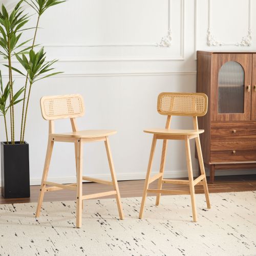 Christopher Knight Home Bari Indoor Wood Barstool Set of 2 Natural Finish with Rattan Backrest-Natural one_size in Yellow | 328893