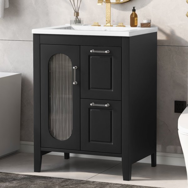 GDFStudio 24 Inches Wood Bathroom Vanity Cabinet with Sink with 2 Drawers and Door and Adjustable Shelf Black Rubber one_size | 329777