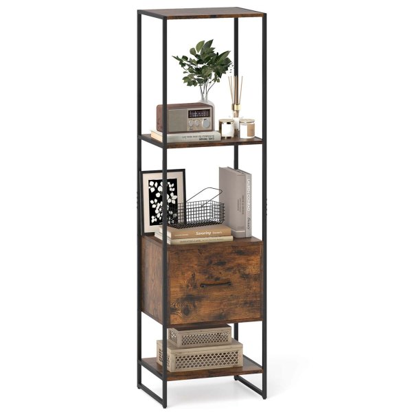 Costway 5-Tier Bookshelf with 4 Open Shelves Storage Drawer Modern Book Storage Organizer Brown one_size | CSHY003881