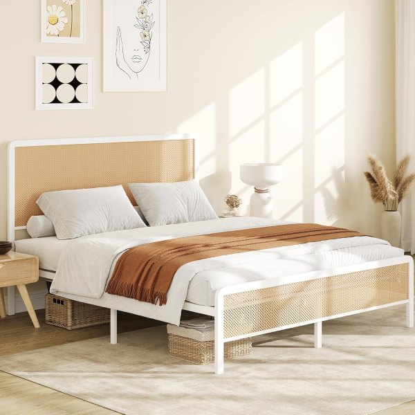 Garvee Queen Rattan Bed Frame with Rattan Headboard Modern Style Cane Boho Platform Bed Frames with Under Bed Storage Easy Assembly Mattress