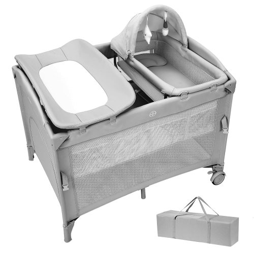 Garvee 5-in-1 Baby Pack and Play Portable Crib with Bassinet Diaper Changer Playard Hanging Toy Nursery Center for Newborns to Toddlers Light Grey