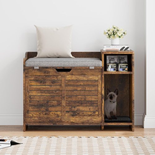 Garvee 2-in-1 Litter Box Enclosure with Top Opening and Pad Hidden Litter Box Furniture Dog Proof Storage Wooden Cabinet Easy to Clean for Hallways