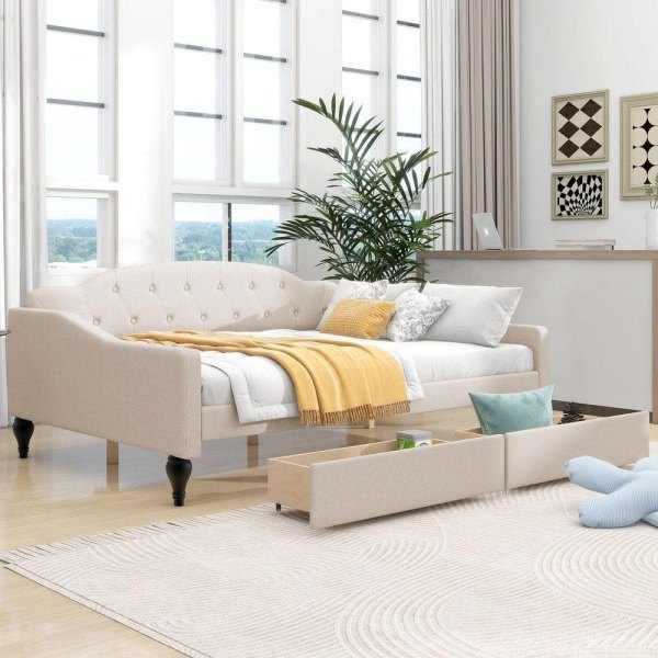 Beige Full Size Tufted Upholstered Daybed with Two Drawers