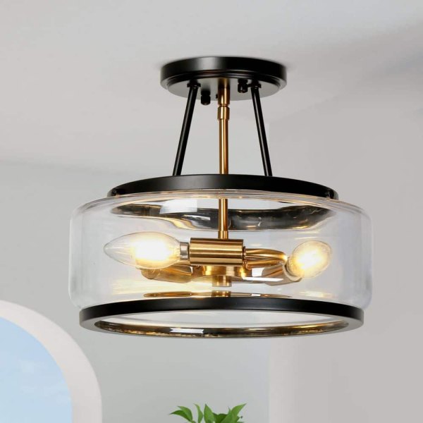 Modern Black and Brass Round Ceiling Light 3-Light Dome Semi-Flush Mount Light with Clear Glass Shade